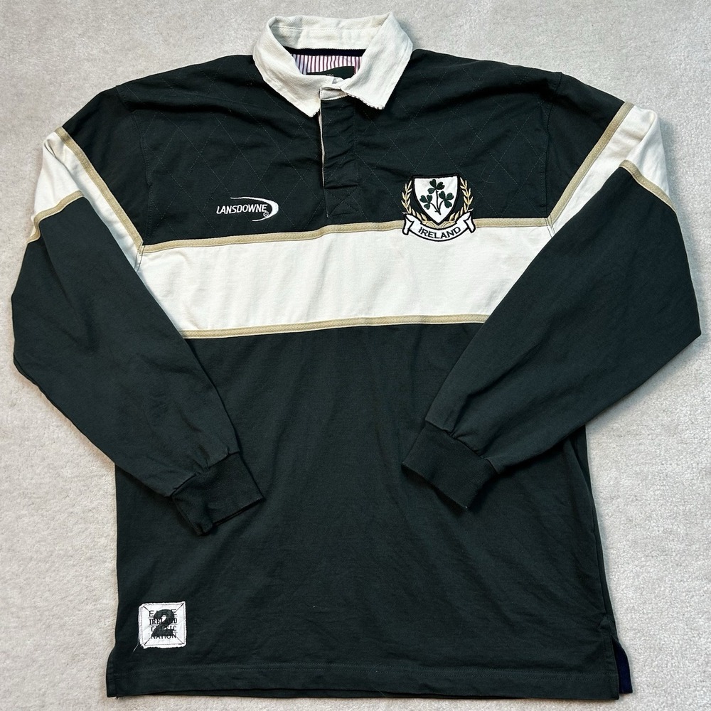 Lansdowne Rugby Polo Shirt Mens Med Green Ireland Heritage Long Sleeve Striped